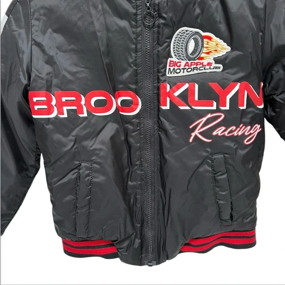GIRLS Brooklyn Racing Moto Bomber Jacket Puffer‎ Black Red Patches Grunge Sporty